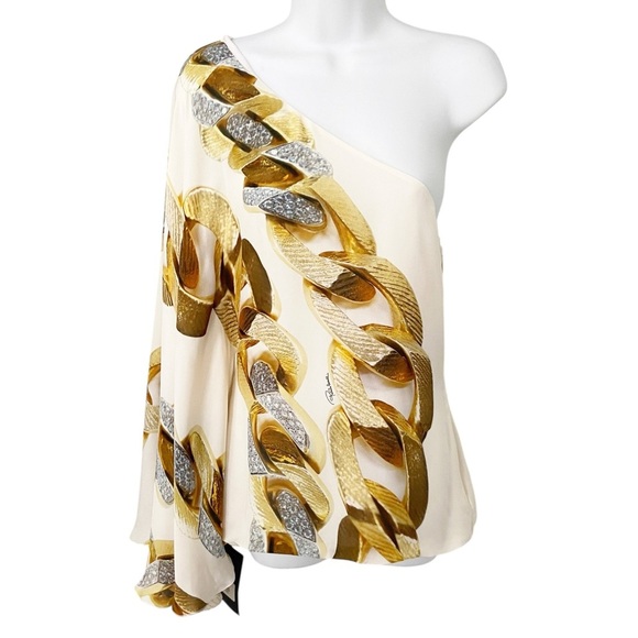 NWT Robert Cavalli Silk Chain-Print One-Shoulder Top size 40 US4-6 - Picture 2 of 16